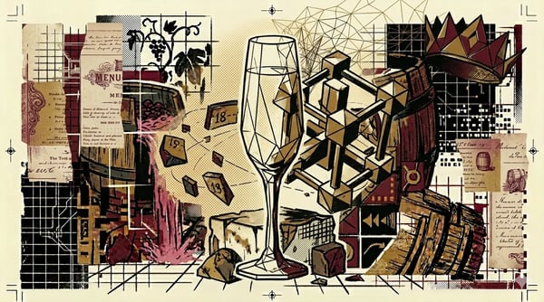Suikerkristal-rooster gefuseerd met champagneglas-contour, brutalistische compositie