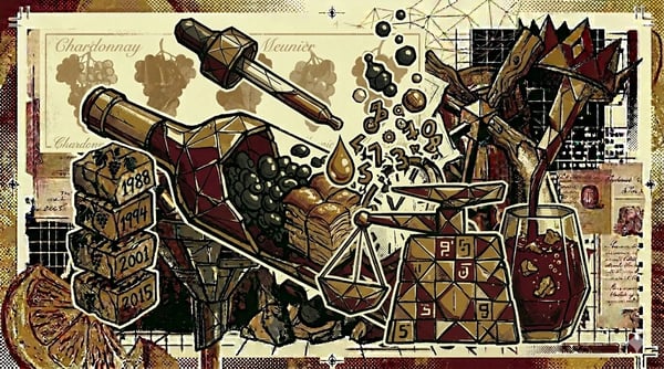 Apothecary dropper met druppel boven flessenhals, suikerschaal in geometrische tegels, brutalistische compositie
