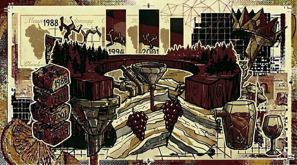 Beboste plateauboog van de Montagne de Reims met Pinot Noir-wijngaarden, brutalistische landschapscompositie