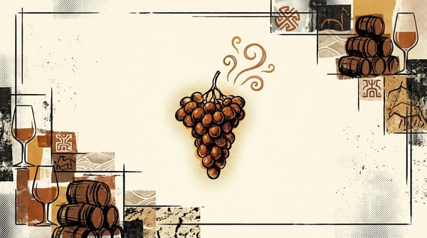Editorial brutalist illustratie van een Moscatel-druiventros boven zandige arenas-grond, met een Atlantische horizon en gefragmenteerde sherrybarrels in bordeauxrood, crème en oxidegoud