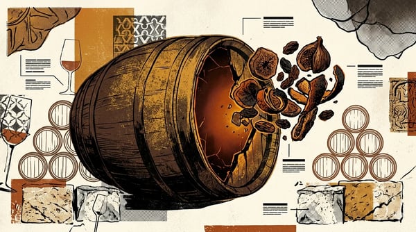 Editorial brutalist illustratie van een verweerde Oloroso-sherryvat met mahoniekleurige wijn, oxidatieve rijping in solera, brokstukken en gouden accenten