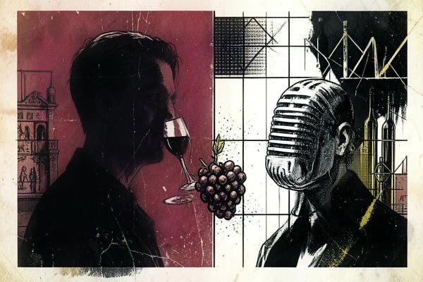 Tweeluik portret van wijnjournalist en podcasthost, editorial brutalist stijl