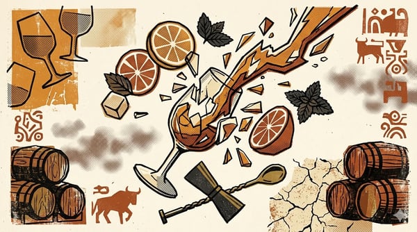 Editorial brutalist illustratie van drie cocktailglazen gevuld met sherry, halftone textuur en dieprode accenten