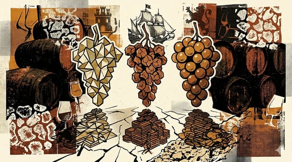 Editorial brutalist illustratie van drie druiventrossen boven albariza-bodem onder de Andalusische zon
