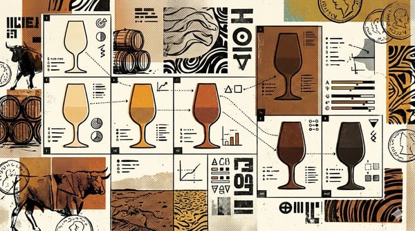 Brutalist illustratie van een rij sherryvaten met flor-laag, gespleten door een kristallijne breuklijn