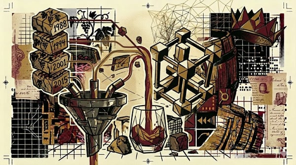 Verticale kolom van gestapelde wijngaardpercelen met jaartallen, brutalistische compositie
