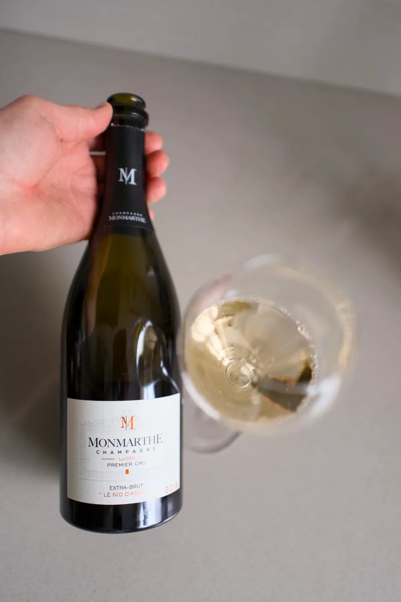Hand met een fles Champagne Monmarthe Le Nid d'Agace 2018