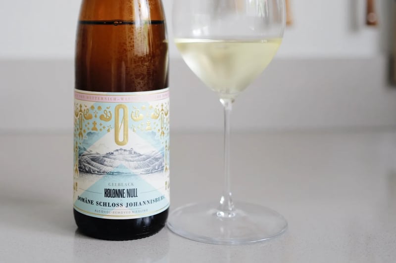 Fles Kolonne Null Gelblack alcoholvrije Riesling naast een glas witte wijn