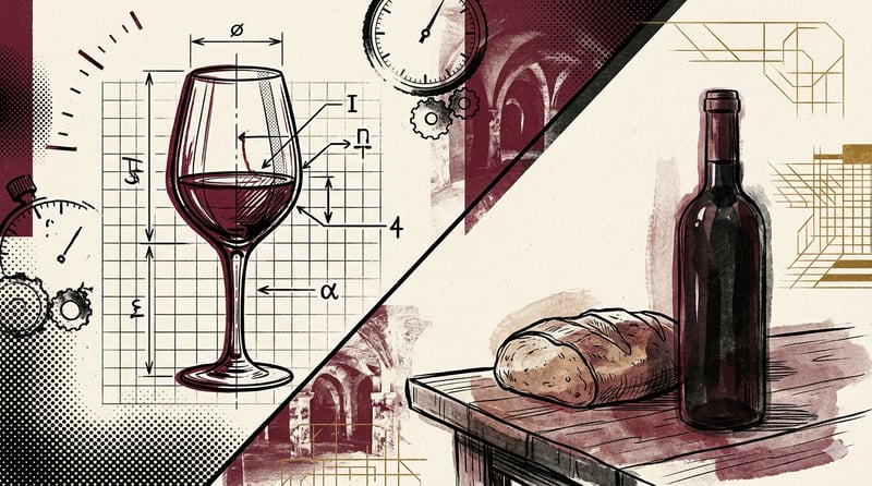 Editorial brutalist illustration: on the left an ISO tasting glass on a technical grid with measurement marks and stopwatches, on the right a wine bottle and bread on a wooden table. Working method versus casual drinking.