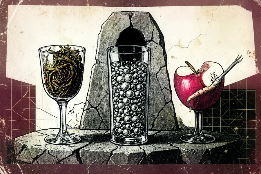 Drie glazen met thee, bubbels en appel-gember naast een gebroken monoliet