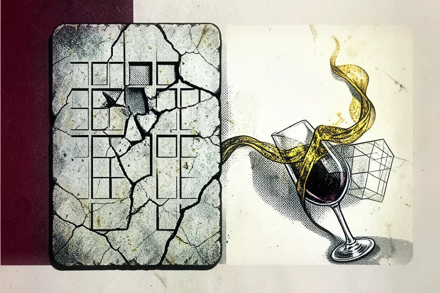 Gebarsten stenen tablet met lege vakjes naast een wijnglas waaruit een gouden lint stroomt, illustratie over wijnscores