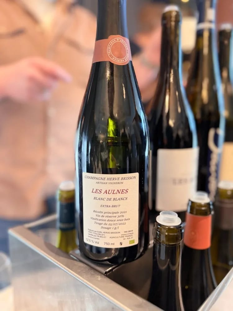 Hervé Brisson Les Aulnes Blanc de Blancs Extra-Brut: achteretiket met dosage 1g/L en récolte 2021