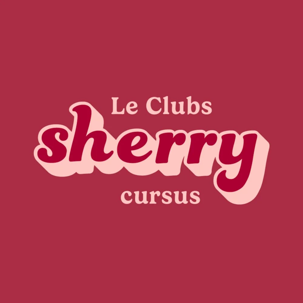 Announcement graphic for Le Clubs sherry course: the word sherry in pink script lettering on a deep red background