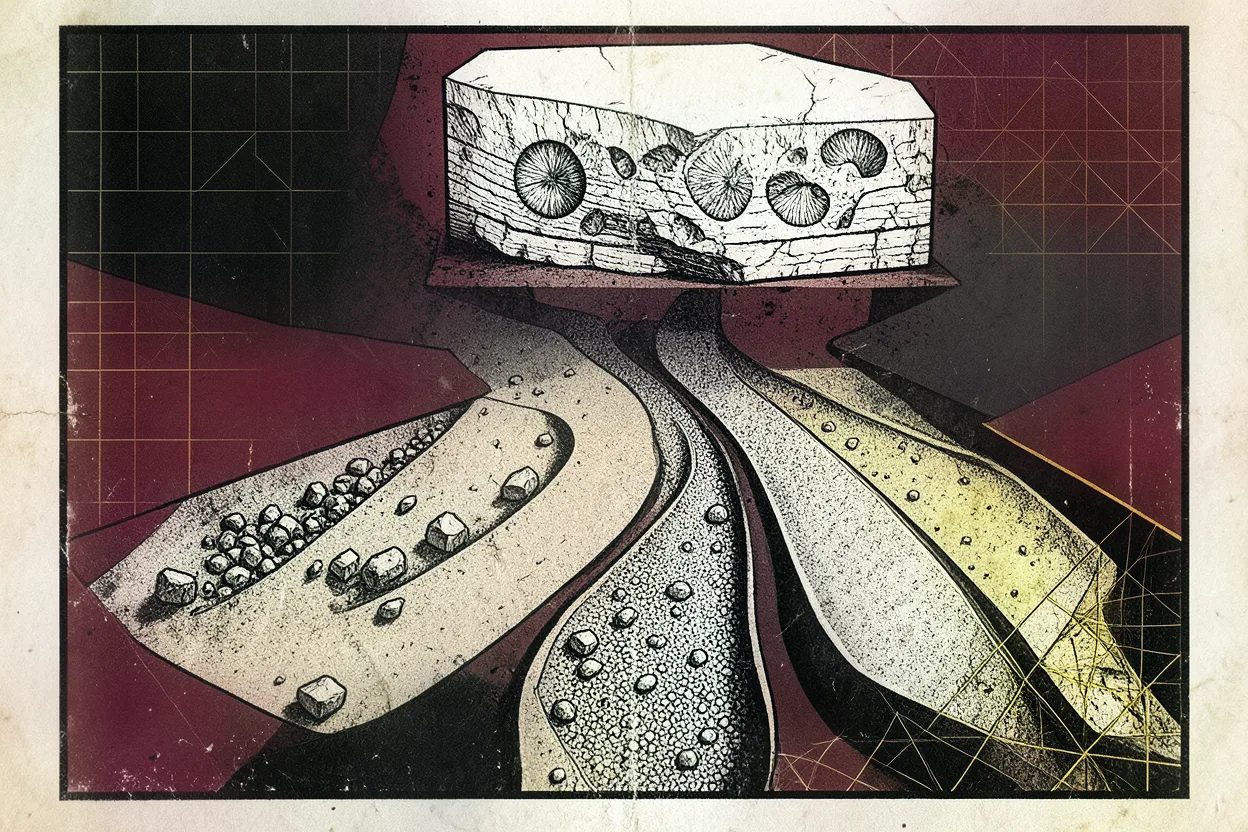 Editorial brutalist compositie: een rivierbocht die zich splitst in zeven stromen, elk met een ander steenpatroon, halftone-textuur