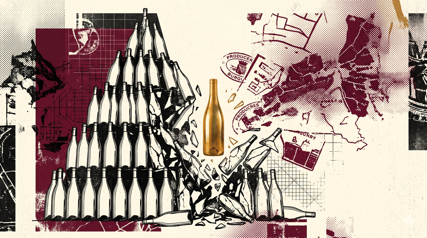 Glass of white Bourgogne Blanc wine with a Burgundy vineyard landscape in the background