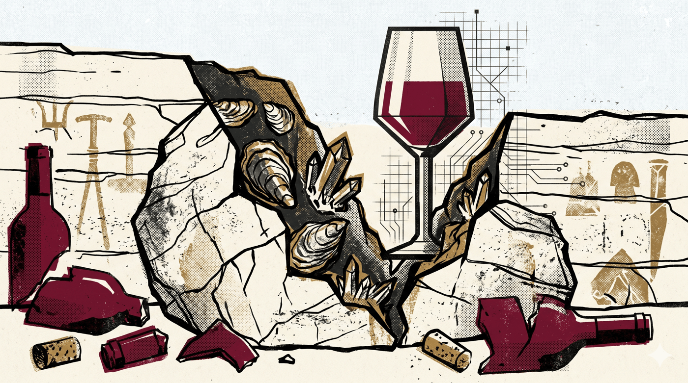 Lean white Chablis wine in a glass with chalky Kimmeridgian soil in the background