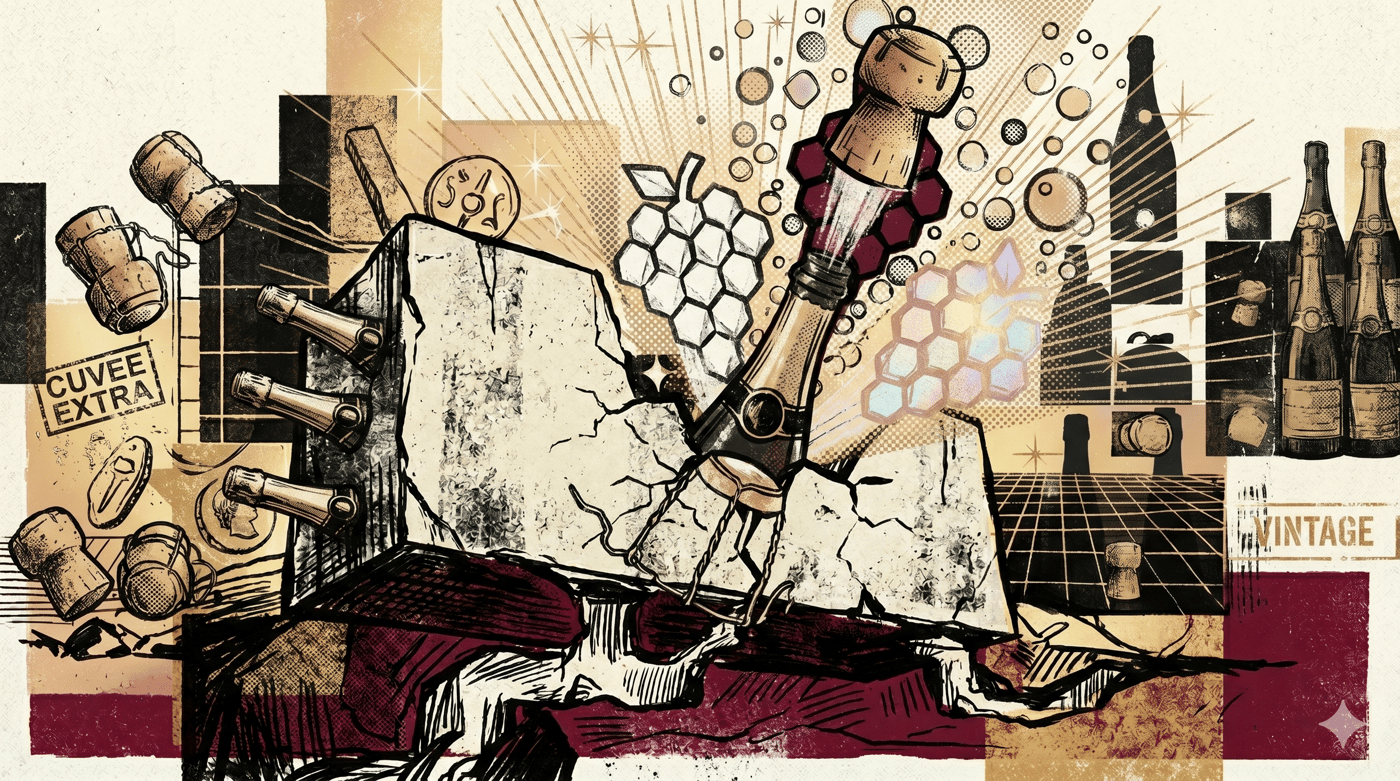 Champagne glass with chalky soil and Côte des Blancs vineyards in the background