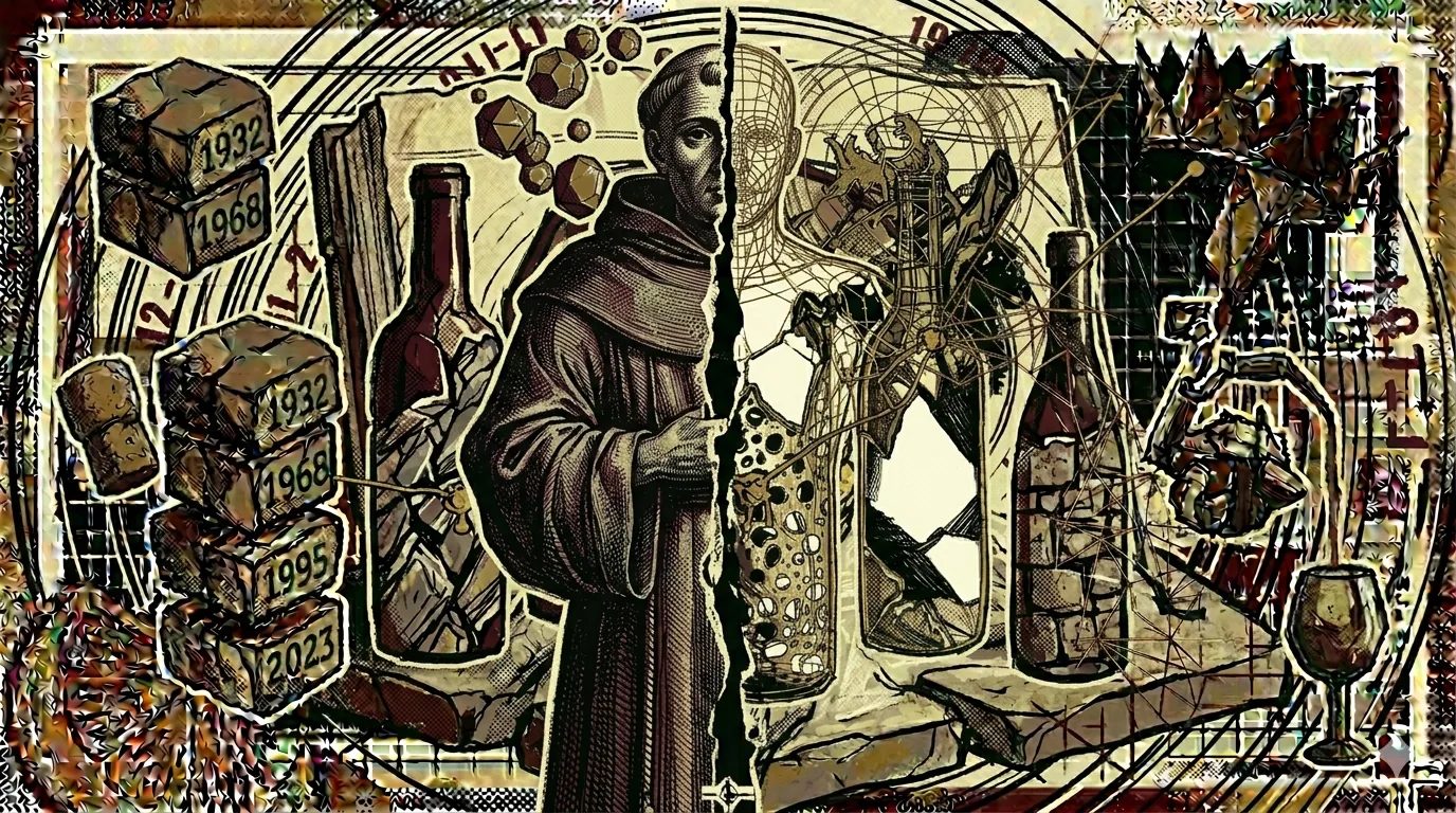 Monk silhouette split in two, one side a Renaissance engraving with a halo of bubbles, the other a wireframe mythology, brutalist composition
