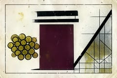 Brutalistische illustratie in oxblood en cream van een maatvat dat maar tot een derde gevuld is, met daarboven een zwarte streep op het niveau dat niet gehaald wordt