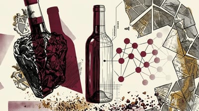 Brutalist illustration: a monolithic wine bottle split between solid mass and wireframe silhouette, hovering above a partially filled supply chain network over a fragmented Italian vineyard map