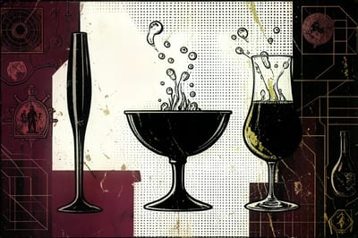 Drie champagneglazen naast elkaar: een flûte, een coupe en een tulpvormig wijnglas, gevuld met champagne.
