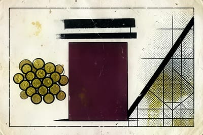 Brutalistische illustratie in oxblood en cream van een maatvat dat maar tot een derde gevuld is, met daarboven een zwarte streep op het niveau dat niet gehaald wordt