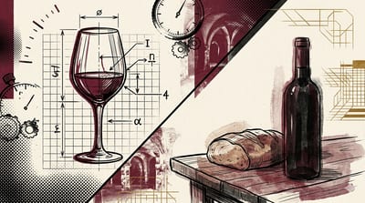 Illustration of a tasting glass with measuring lines next to a wine bottle on a table