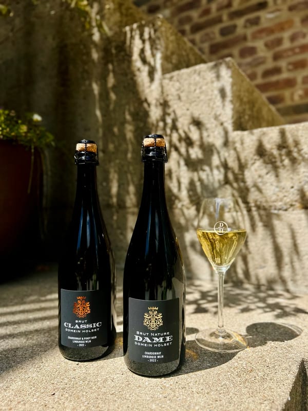 Flessen Classic Brut en Dame Brut Nature van Domein Holset met BOB Mergelland naast een glas mousserende wijn tegen een mergelmuur