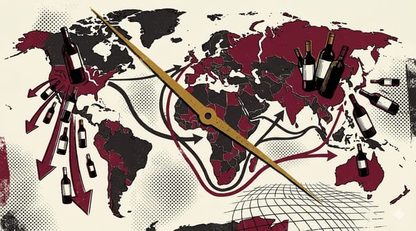 Brutalistische illustratie van een gefragmenteerde wereldkaart in deep burgundy en houtskool, met wijnflessen die uit verschillende continenten oprijzen en een halftoondot-patroon over de oceanen.