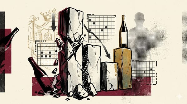 Brutalistische illustratie van een gefragmenteerde stenen staafgrafiek, één kolom stort in scherven terwijl een kleinere vergulde kolom met intacte wijnfles oprijst — metafoor voor wijnmarkt 2026.
