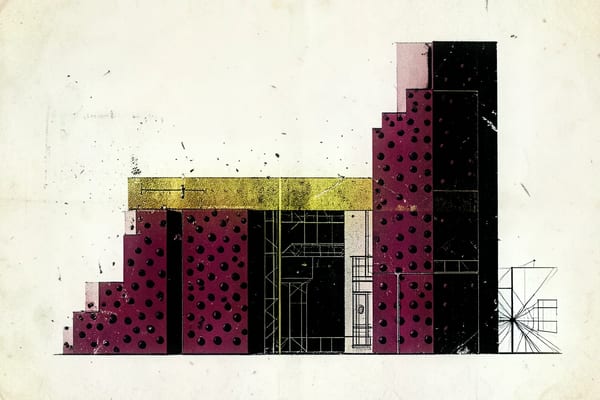 Editorial brutalist compositie: acht kolommen van verschillende hoogte die oplopen als een prijsladder, met halftone-textuur en opstijgende belletjes