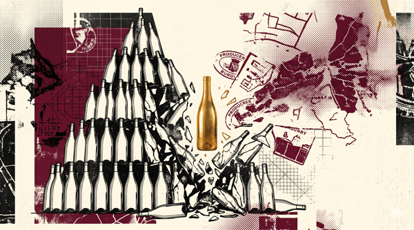 Glass of white Bourgogne Blanc wine with a Burgundy vineyard landscape in the background