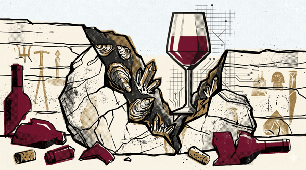 Lean white Chablis wine in a glass with chalky Kimmeridgian soil in the background