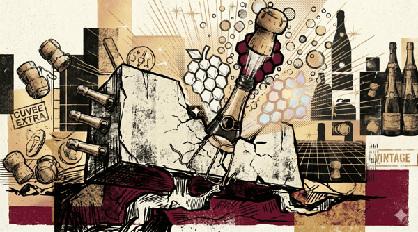 Champagne glass with chalky soil and Côte des Blancs vineyards in the background