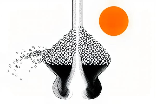 Brutalistische illustratie van een rietje waaruit een bubbelstroom omhoog komt die zich splitst in een dunne en een dichte sliert, boven een vernauwing als een zandloperhals