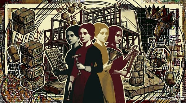 Four overlapping female silhouettes from 19th-century portraits, each holding a cellar tool, brutalist composition
