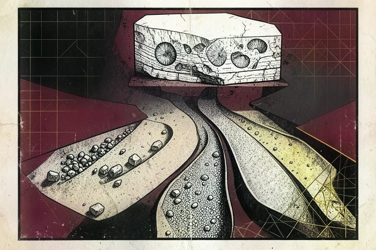 Editorial brutalist compositie: een rivierbocht die zich splitst in zeven stromen, elk met een ander steenpatroon, halftone-textuur