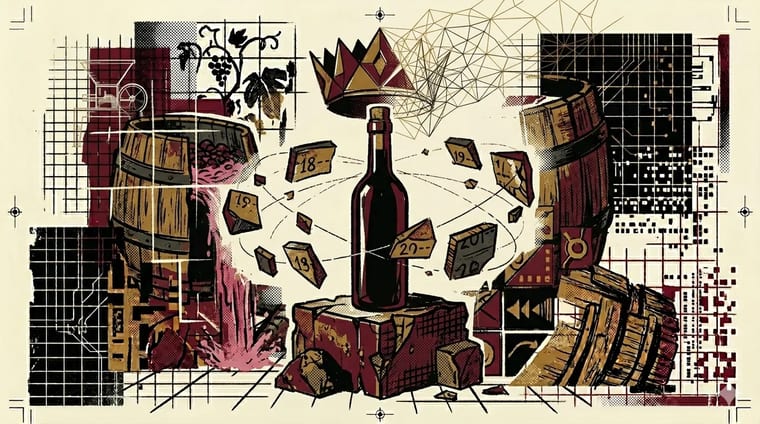 Brutalist chalk plinth holding a single bottle silhouette with orbiting vintage years, brutalist composition