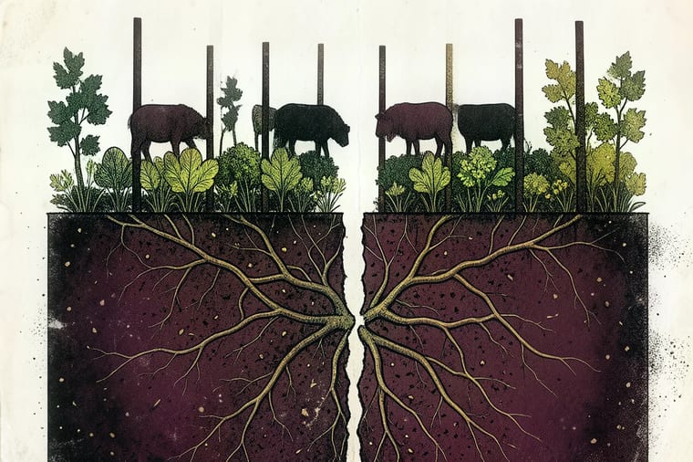 Vineyard with dense cover crops between the rows, sheep grazing, and a cross-section of living soil full of roots