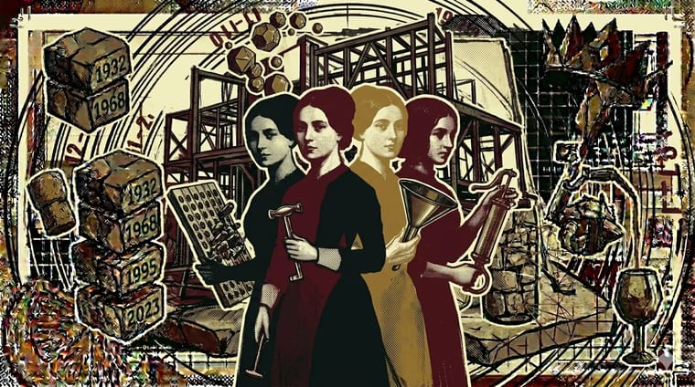 Four overlapping female silhouettes from 19th-century portraits, each holding a cellar tool, brutalist composition