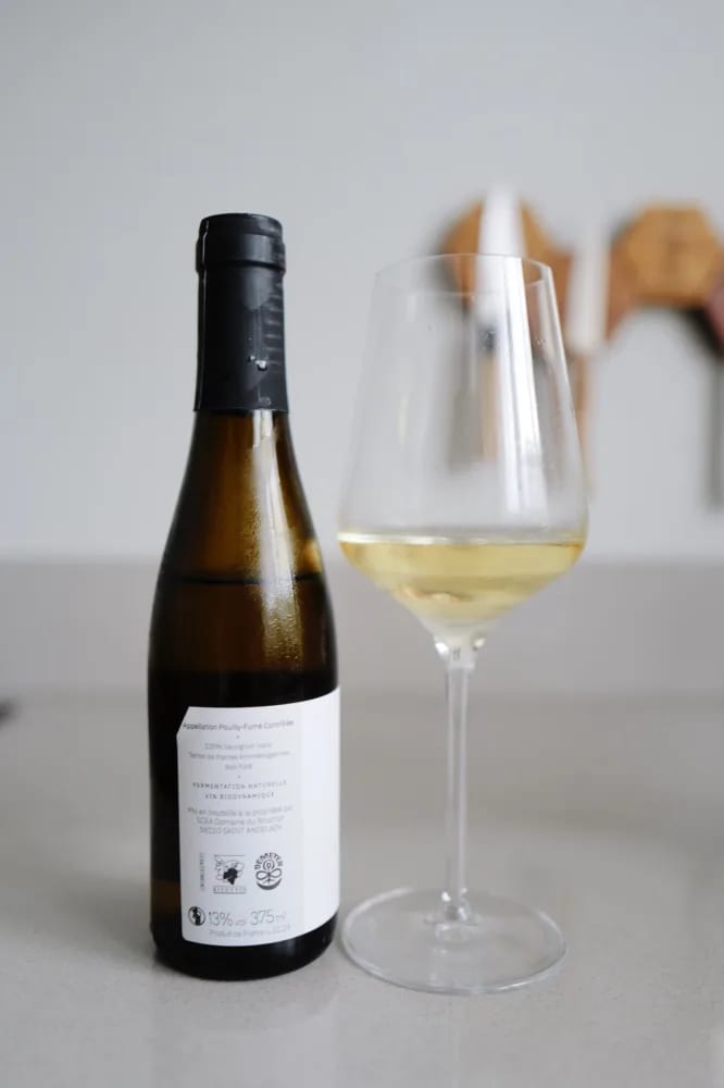 Achteretiket van Pouilly-Fumé Terres Blanches 2023 met vermelding van kimmeridgien-mergel, natuurlijke fermentatie en 375 ml