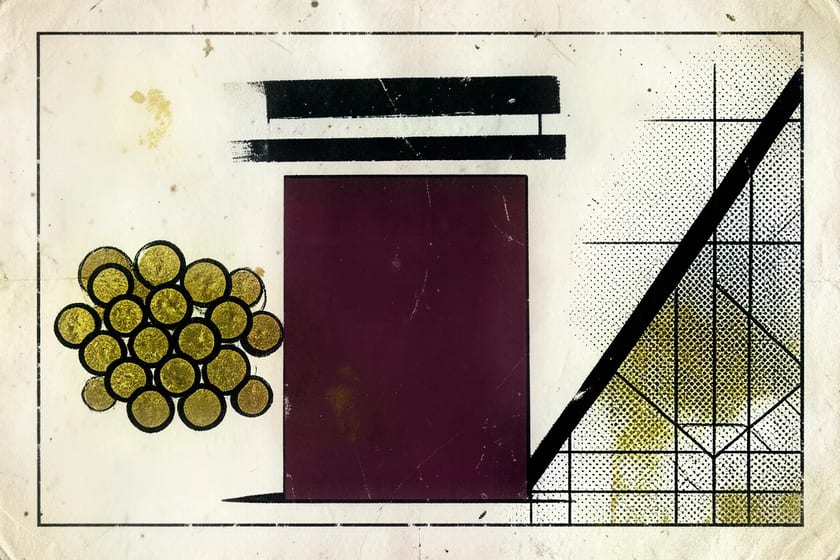 Brutalistische illustratie in oxblood en cream van een maatvat dat maar tot een derde gevuld is, met daarboven een zwarte streep op het niveau dat niet gehaald wordt