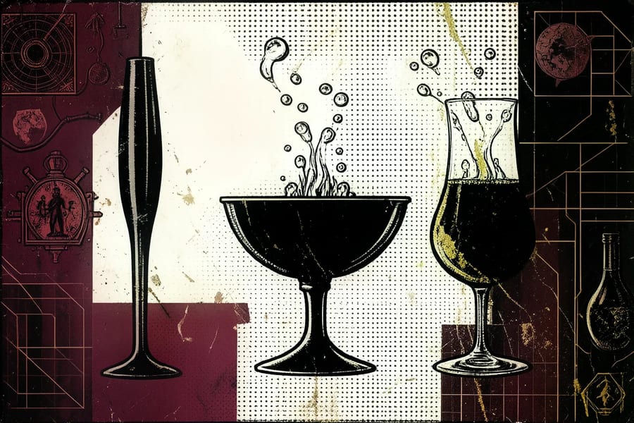 Drie champagneglazen naast elkaar: een flûte, een coupe en een tulpvormig wijnglas, gevuld met champagne.