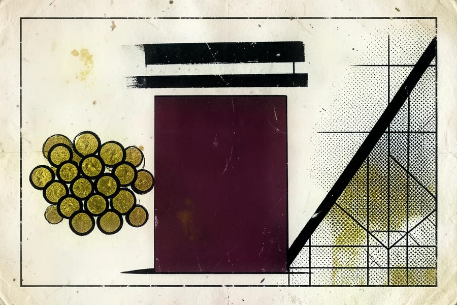 Brutalistische illustratie in oxblood en cream van een maatvat dat maar tot een derde gevuld is, met daarboven een zwarte streep op het niveau dat niet gehaald wordt