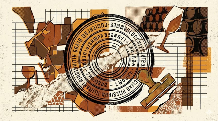 Editorial brutalist illustratie van een Consejo Regulador-stempel: een gefragmenteerde driehoek van krijtwit albariza-gesteente, doorsneden door een genummerde contra-etiket-band, met silhouetten van solera-vaten op de hoeken